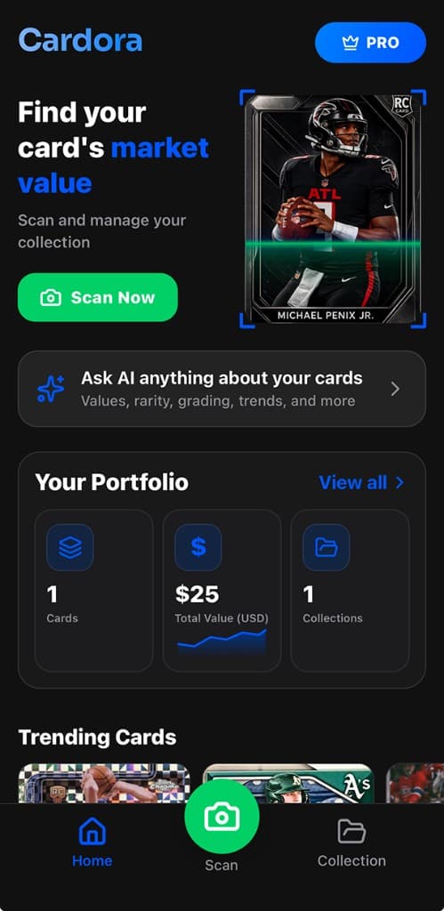 Cardora app screenshot showing scan, market value, and collection home
